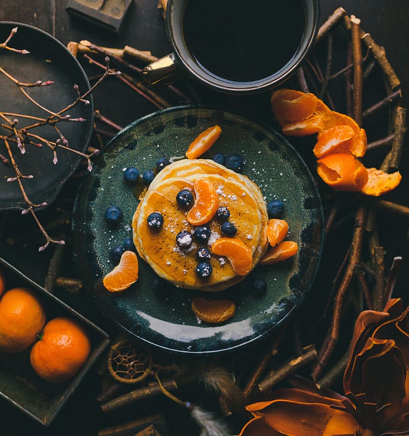 pancakes, blueberries, mandarins, slices, dessert, HD phone wallpaper