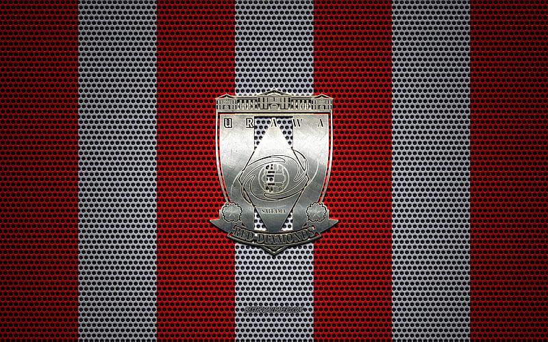 Urawa Red Diamonds logo, Japanese football club, metal emblem, red-black metal mesh background, Urawa Red Diamonds, J1 League, Saitama, japan, football, Japan Professional Football League, HD wallpaper