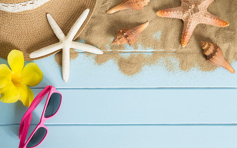 beach accessories, sand, summer, starfish, hat, sunglasses, HD wallpaper