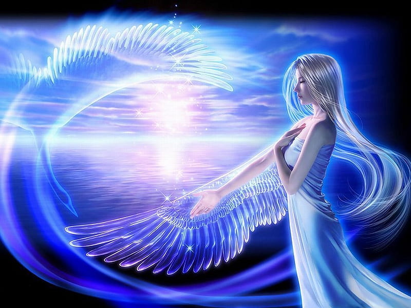 Crystal Wings, wings, bonito, angel, abstract, sky, fantasy, 3d, girl, crystal, fantazy, blue, HD wallpaper