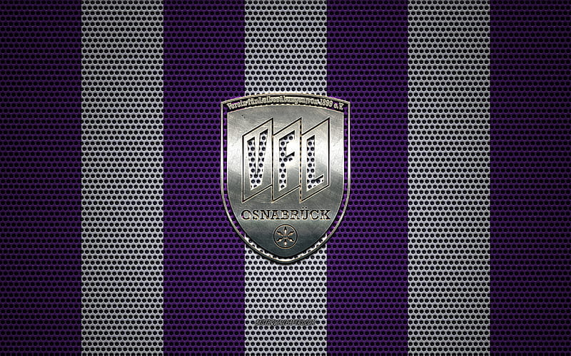 Vfl Osnabrueck logo, German football club, metal emblem, violet-white metal mesh background, Vfl Osnabrueck, 2 Bundesliga, Osnabruck, Germany, football, HD wallpaper