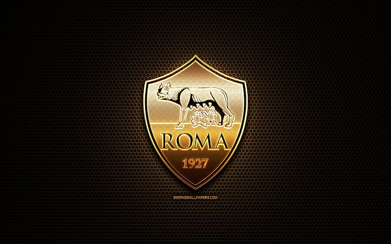 Roma FC, glitter logo, Serie A, italian football club, metal grid background, Roma glitter logo, football, soccer, AS Roma, Italy, HD wallpaper