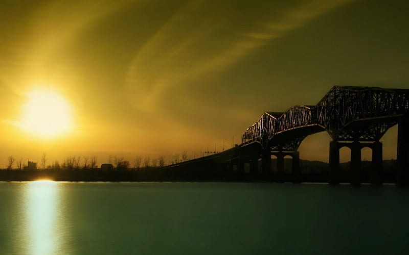 ACROSS RIVER BRIDGE, river, sun, sky, bridge, HD wallpaper