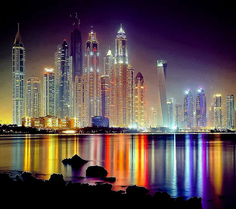 Dubai, city, night, sea, skyscrapers, HD wallpaper