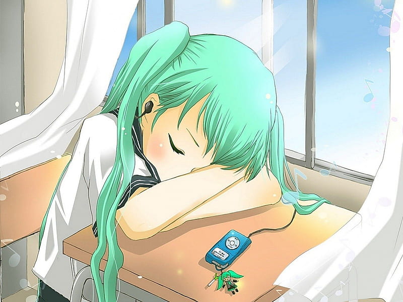 sleeping in class, ipod, vocaloid, keychain, window, hatsune miku, music, curtains, manga, anime, school uniform, HD wallpaper