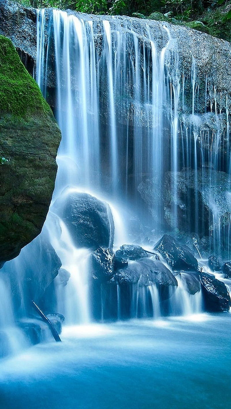 Rocky waterfall, blue, rock, water, HD phone wallpaper