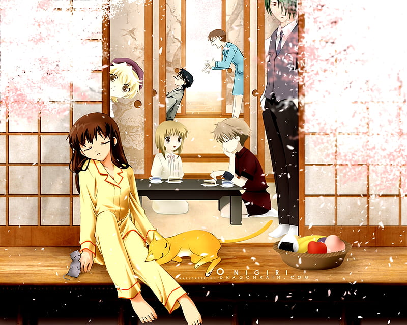 Fruits Basket, cat, sexy, cute, boys, sakura blossoms, girl, anime, pijamas, tohru, kyo, HD wallpaper