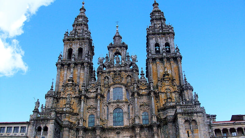 Imposing Front View, santiago de compostela, cathedral, galicia, christianity, pilgr, religious, spain, HD wallpaper