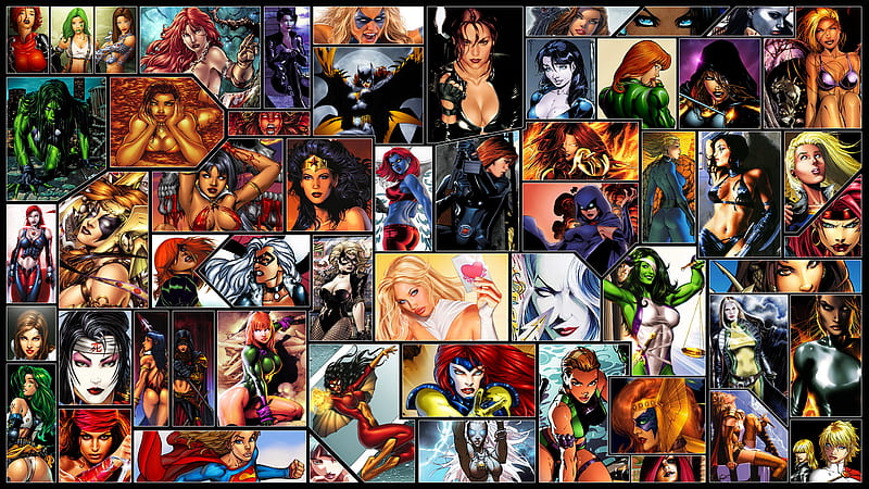 Women of Comic Books, white queen, spider woman, power girl, jean gray, comics, she hulk, women, wonder woman, vamprella, electra, lara croft, witchblade, females, collages, super girl, rogue, HD wallpaper