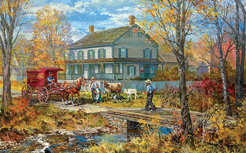 Autumn in the Schneider house, cal, art, autumn, house, water, painting, pictura, horse, HD wallpaper