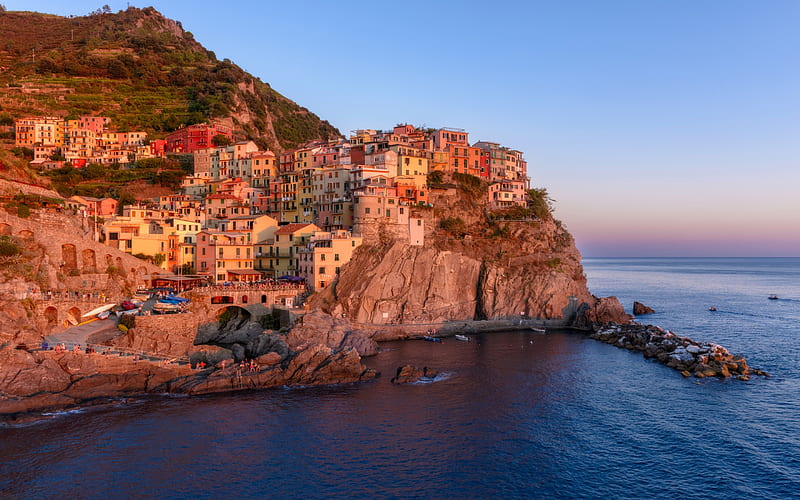 Manarola, mountains, sunset, Mediterranean Sea, coast, resort, Liguria, Italy, HD wallpaper
