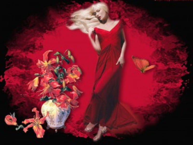 In Red Red Dress Butterfly Oriental Vase Flowers Lady Hd Wallpaper Peakpx 4265