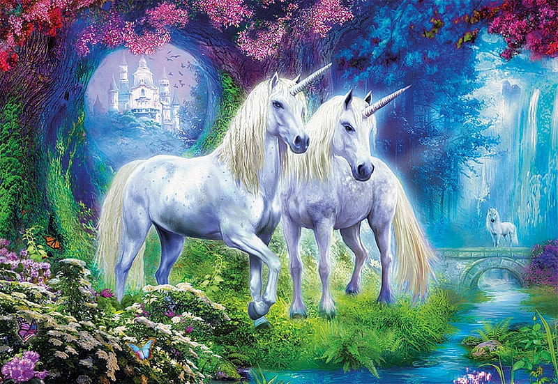 Unicorns, fantasy, luminos, green, unicorn, pink, white, blue, HD wallpaper