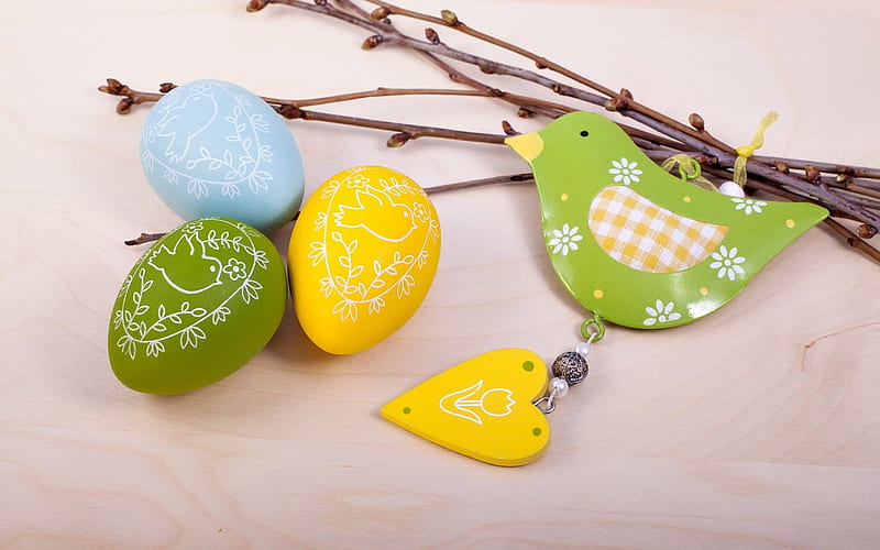 yellow easter eggs, easter background, decoration, green easter eggs, spring holidays, easter, HD wallpaper