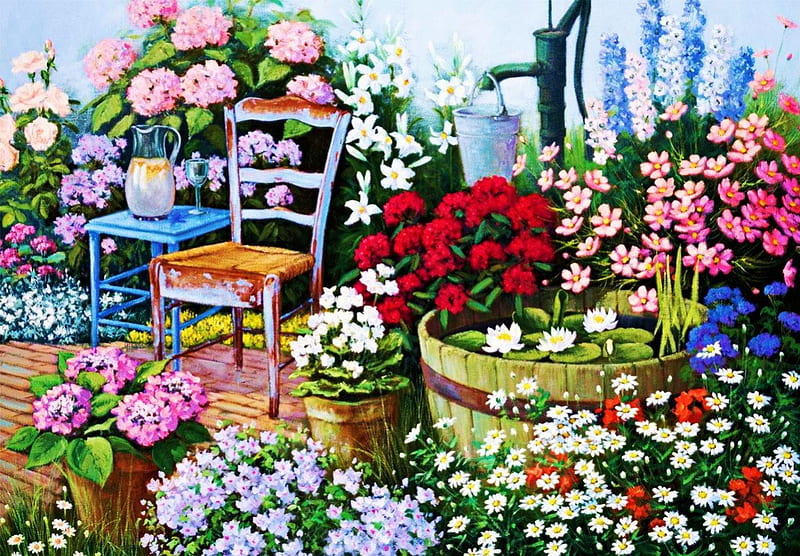 Peaceful Place, painting, flowers, garden, chair, pump, HD wallpaper