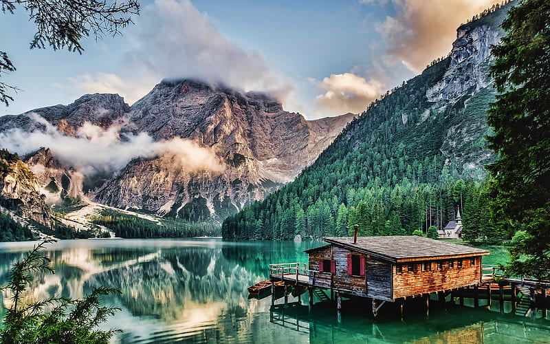 Lake Braies, morning, forest, mountain lake, mountains, Lago Di Braies, beautiful nature, Pragser Wildsee, South Tyrol, Italy, Europe, Dolomites, italian nature, HD wallpaper