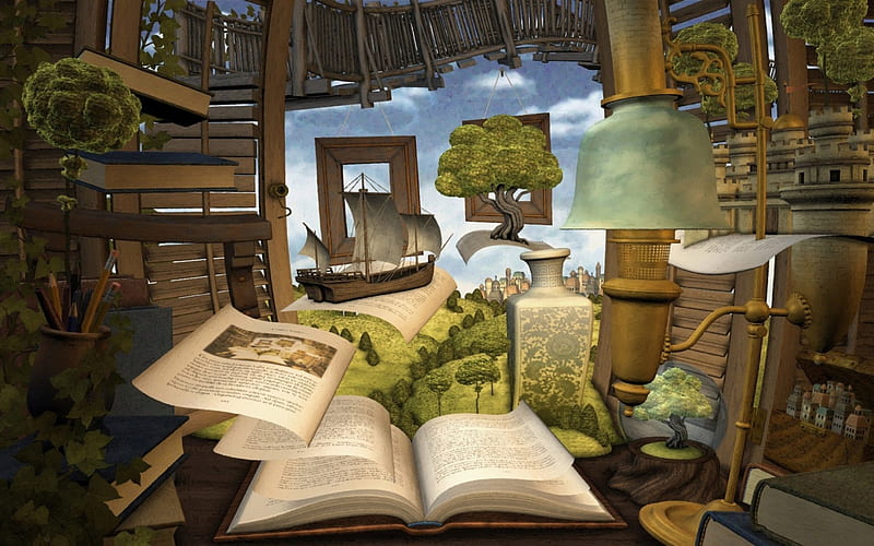 The wonderful world of books, world, fantasy, boat, books, library, digital, hq, land, HD wallpaper