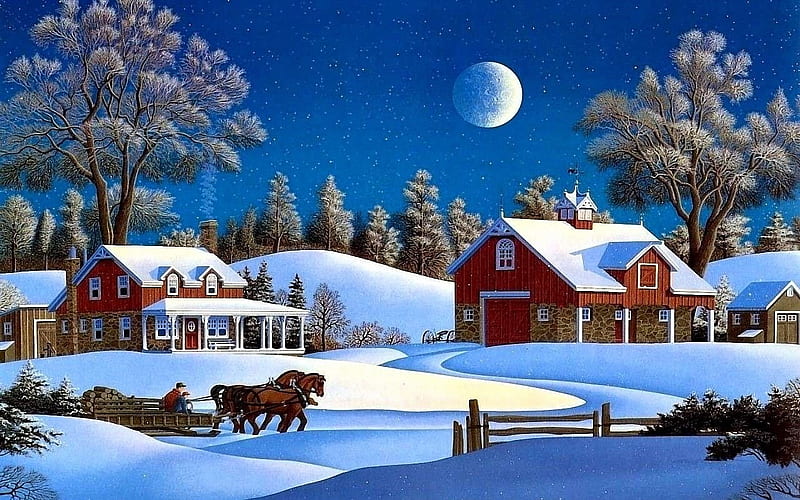 Snow-covered Cottages And A Sleigh At Night, house, moon, snow, trees, sky, winter, barn, horses, HD wallpaper