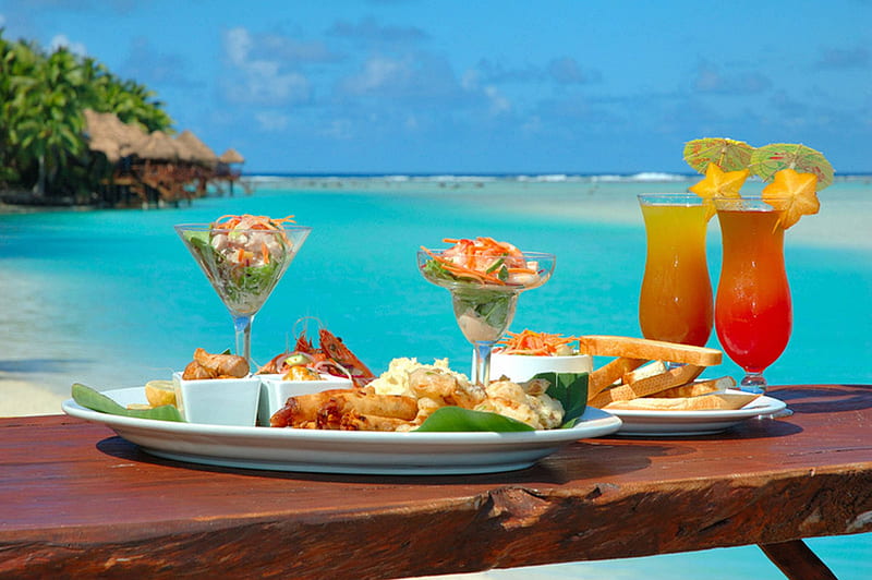 Lunch in The Cook Islands, polynesia, dinner, cocktails, sea, beach, aitutaki, lagoon, lunch, blue, exotic, islands, view, food, drinks, ocean, pacific, south, paradise, cook, dine, island, tropical, HD wallpaper