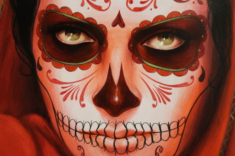 Dia de los Muertos, white paint, green eyes, red paint, Skuul Face, day of the dead, HD wallpaper