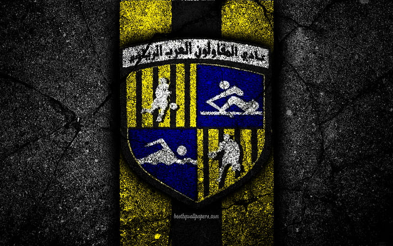 FC Arab Contractors, logo, Egyptian Premier League, EPL, soccer, Egypt, black stone, Arab Contractors, football, Asphalt texture, Arab Contractors FC, HD wallpaper