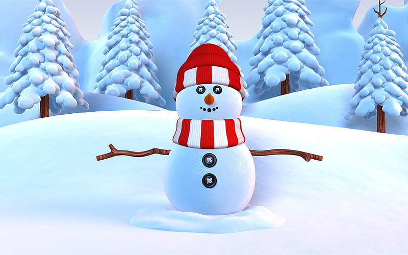 snowman winter, pine trees, snowdrifts, 3D art, snowy forest, 3D snowman, HD wallpaper
