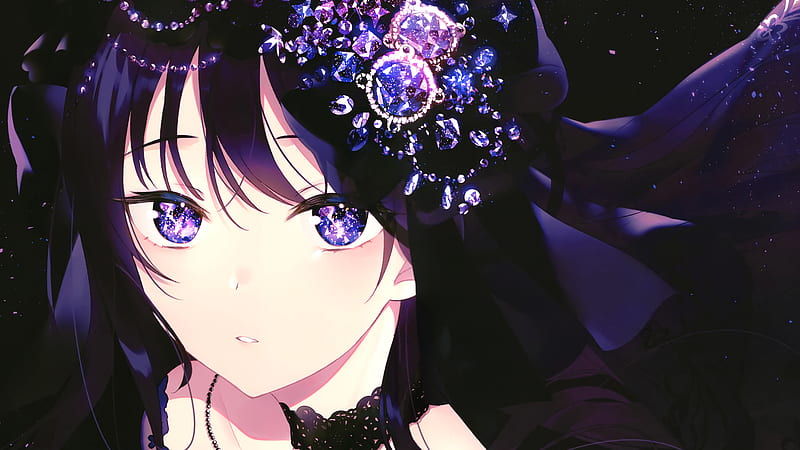 Anime girl with long dark blue hair and purple eyes and black wings wearing  all black