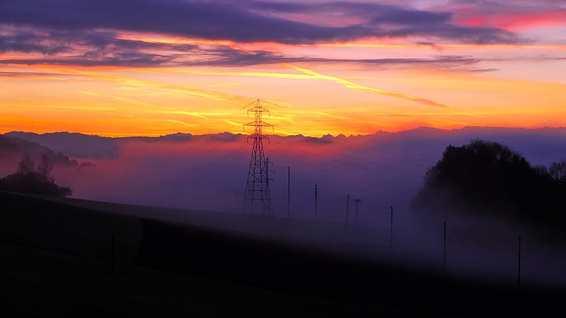Foggy Veil of Switzerland at Sunset, Sky, Clouds, Fog, Sunsets, Nature, HD wallpaper