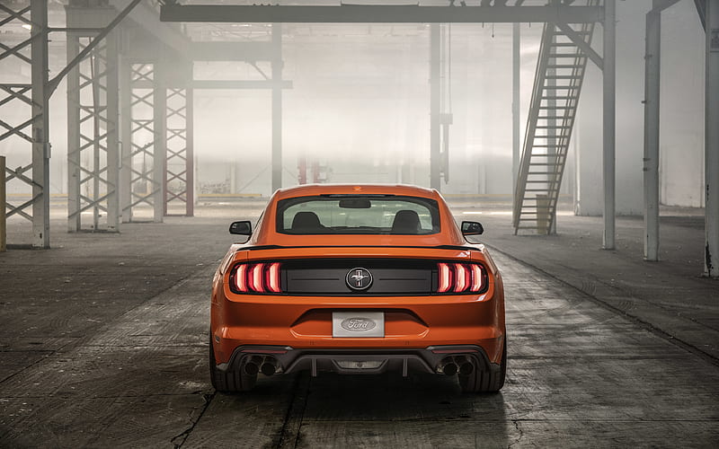 Ford Mustang, back view, 2020 cars, supercars, orange Ford Mustang, 2020 Ford Mustang, american cars, Ford, HD wallpaper