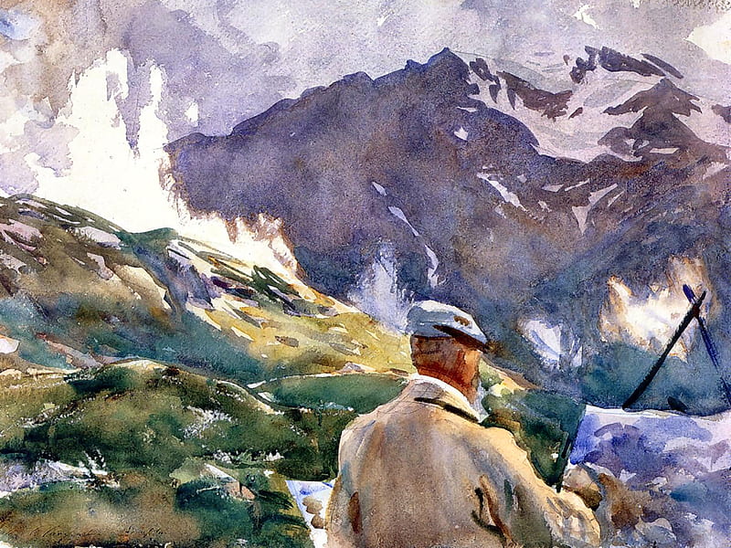 Artist in the Simplon, art, John Singer Sargent, Old Master, bonito, illustration, artwork, mountains, Sargent, painting, wide screen, watercolor, HD wallpaper