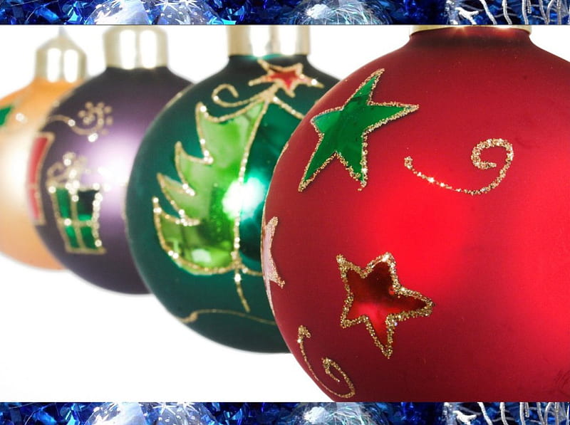 Christmas balls, red, christmas balls green, christmas tree decorations, purple, orange, nice ornament line, star, HD wallpaper