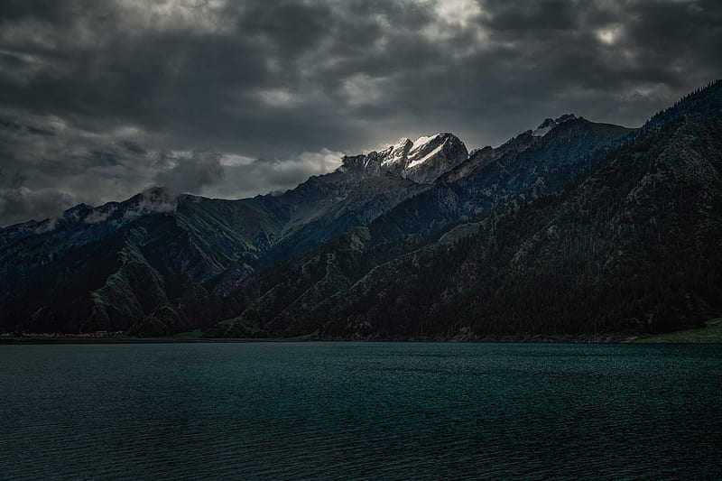 dark weather, clouds, mountains, shore, lake, Nature, HD wallpaper