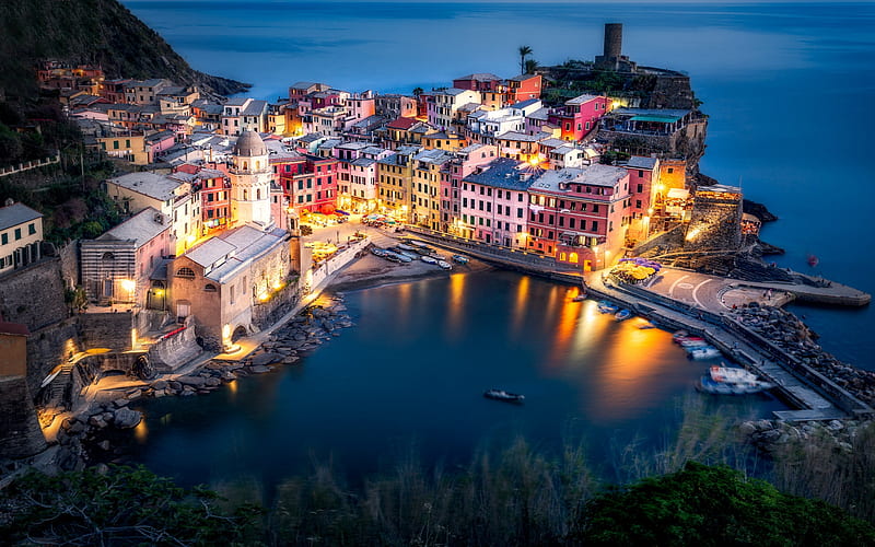Vernazza, bay, evening, sunset, beautiful city, Vernazza cityscape, Mediterranean Sea, Italy, HD wallpaper