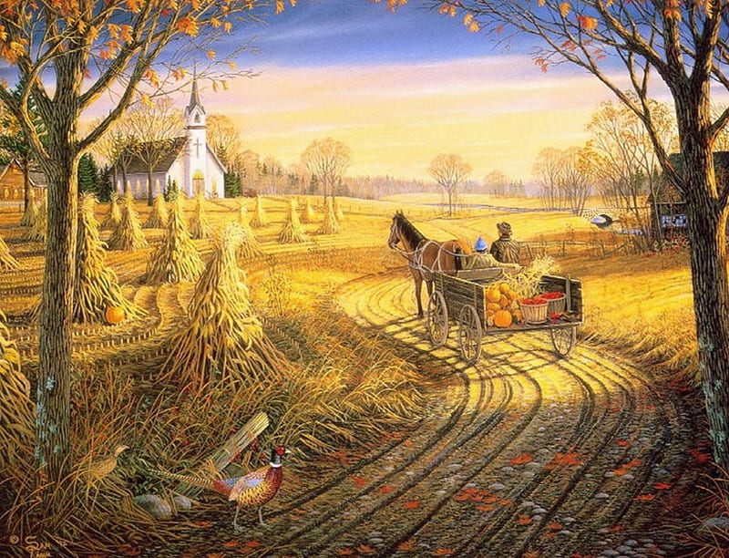 Harvest Time, cart, church, trees, horse, artwork, leaves, pumpkin, painting, path, HD wallpaper