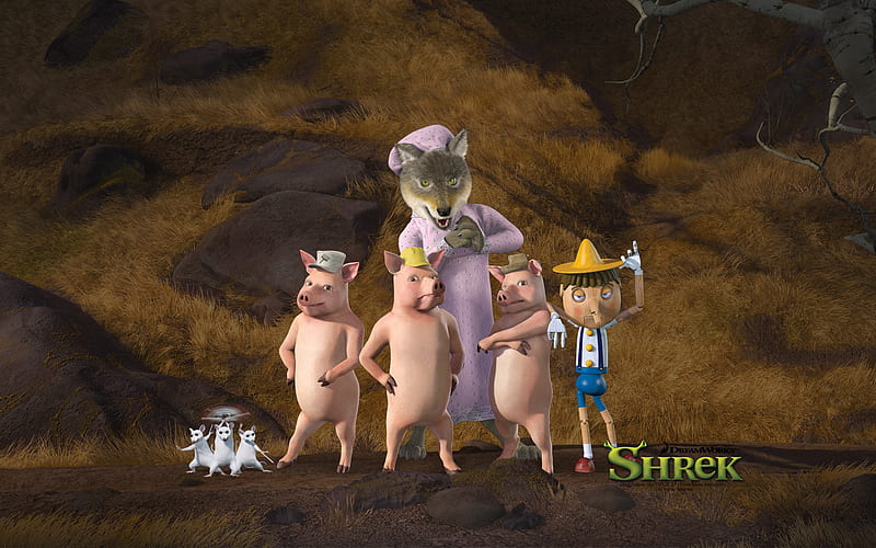 Shrek Forever After, pinocchio, siempre, shrek, three blind mice, 4, wolf, shrek4, 3 pigs, HD wallpaper