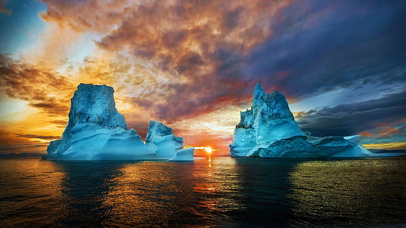 Icebergs of Greenland, sky, frosty, sea, colors, clouds, sunset, HD wallpaper