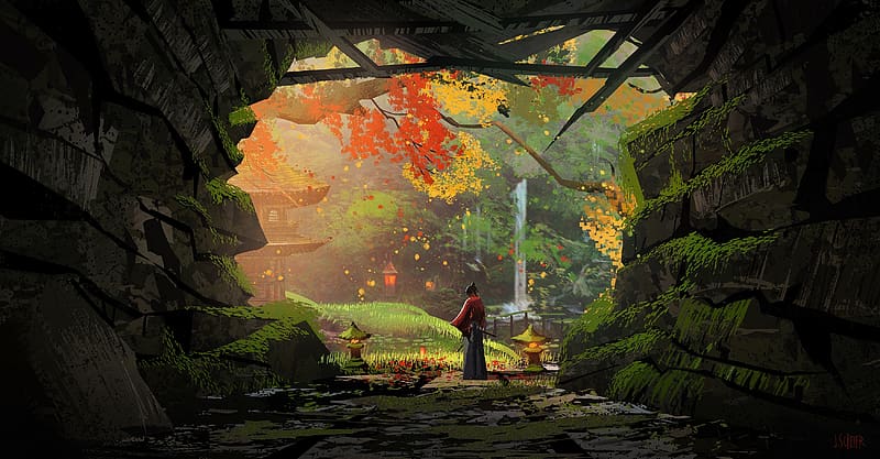 Samurai, toamna, art, man, japan, fantasy, green, red, yellow, autumn, waterfall, cave, HD wallpaper