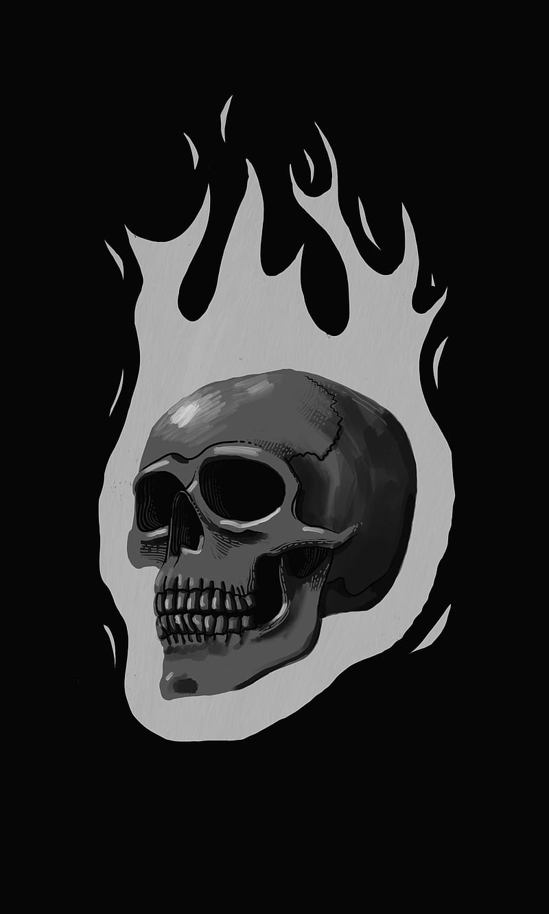 Burning Skull Black, My, art, badass, burn, creepy, darkness, dead, death, digital, drawing, flames, halloween, noir, occult, oled, true black, HD phone wallpaper