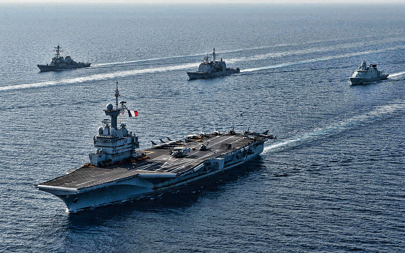 Charles de Gaulle, R91, French aircraft carrier, French Navy, French nuclear-powered aircraft carrier, American destroyers, NATO, Marine Nationale, E-2C Hawkeye, HD wallpaper