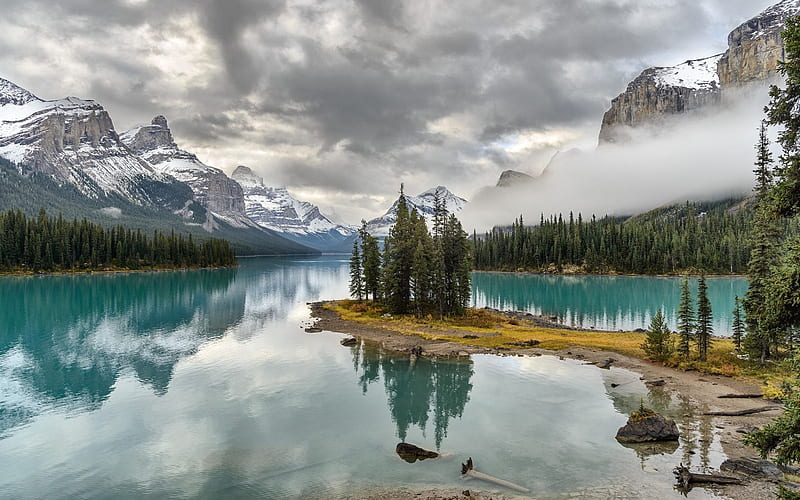 mountain landscape, forest, autumn, mountain lake, Jasper National Park, Canada, HD wallpaper