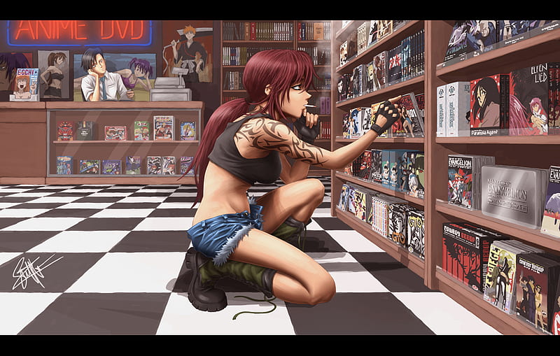 Hmm.... This one looks good., dvds, boots, tattoo, black lagoon, revy, video store, cigarette, singlet, gloves, shorts, anime, movies, smoke, long hair, HD wallpaper