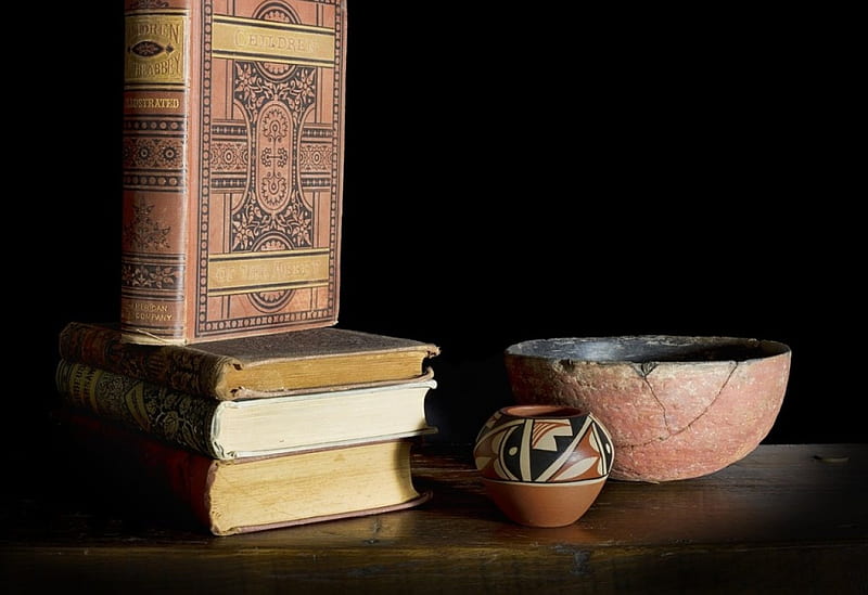 Still life, braun, black, books, bowl, HD wallpaper