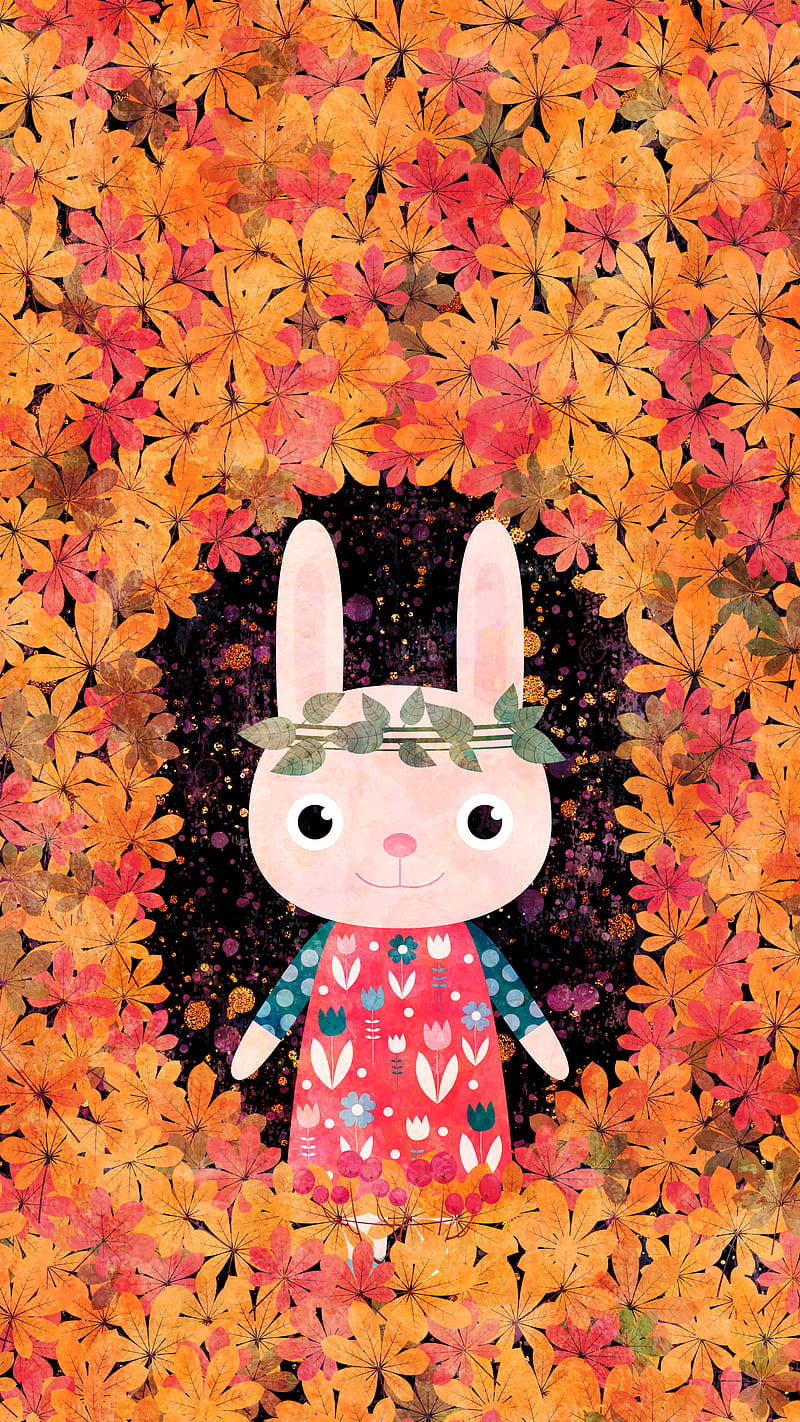 Kawaii Autumn Bunny , Koteto, October, September, animal, brown, colorful, cute, drawing, fall, floral, flower, foliage, forest, fun, funny, girl, girly, green, happy, illustration, leaf, nature, orange, owlet, plant, rabbit, red, season, seasonal, tree, twig, watercolor, woodland, yellow, HD phone wallpaper