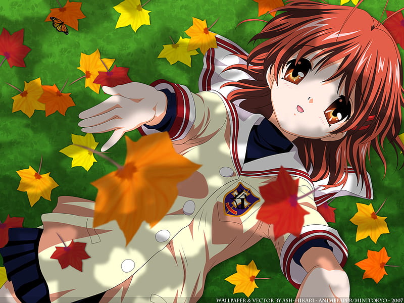 Colors of Fall, fall, furukawa, game, clannad, key, leaf, nagisa, school, uniform, anime, season, HD wallpaper