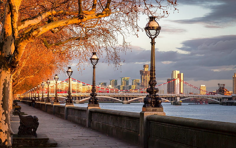 Promenade in London, UK, promenade, London, lanterns, bridge, Thames, HD wallpaper