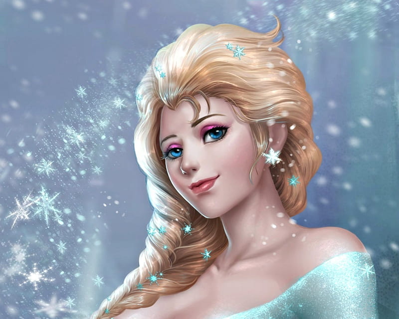 Elsa, fanart, blonde, winter, snow queen, chubymi, white, frozen, disney, blue, HD wallpaper