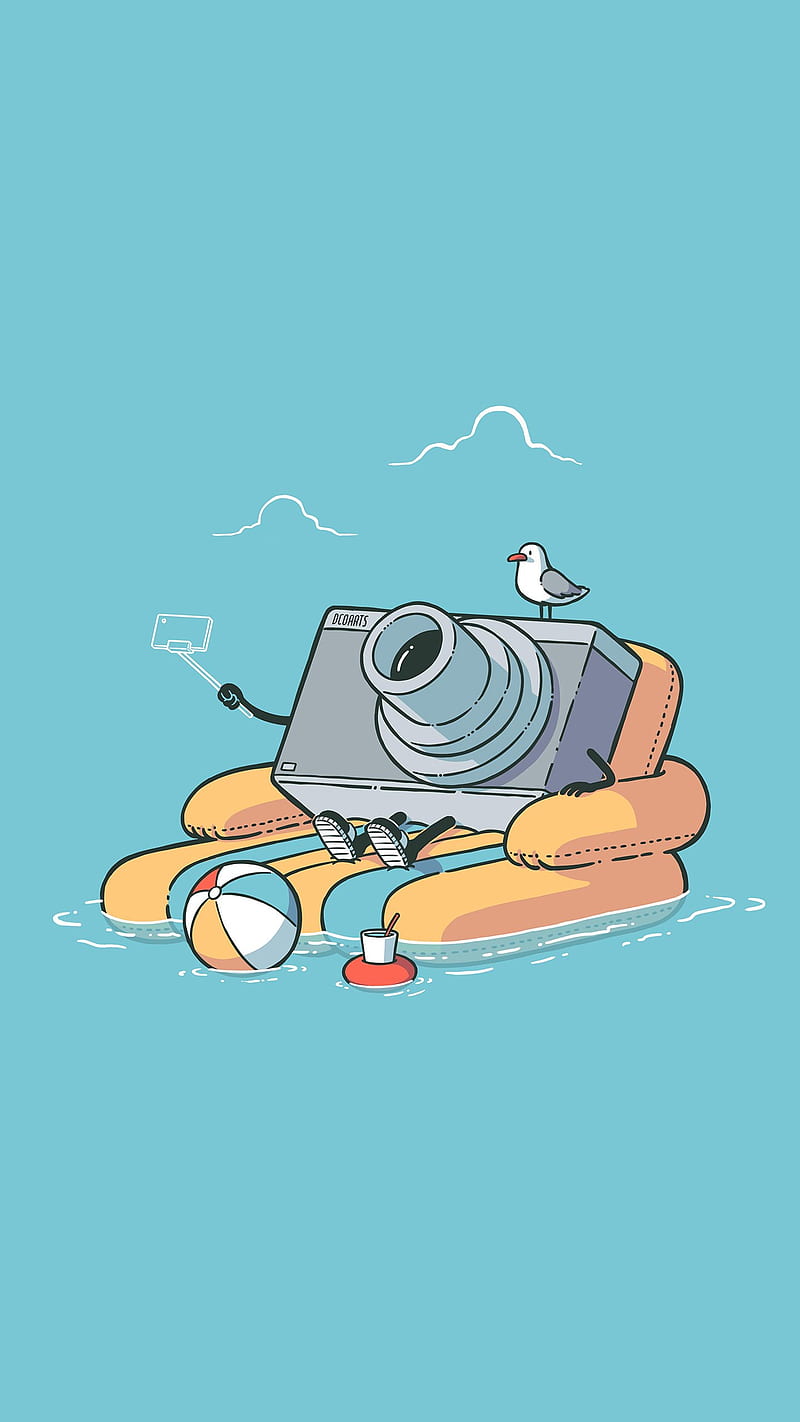 vertical, digital art, simple background, camera, seagulls, water, HD phone wallpaper