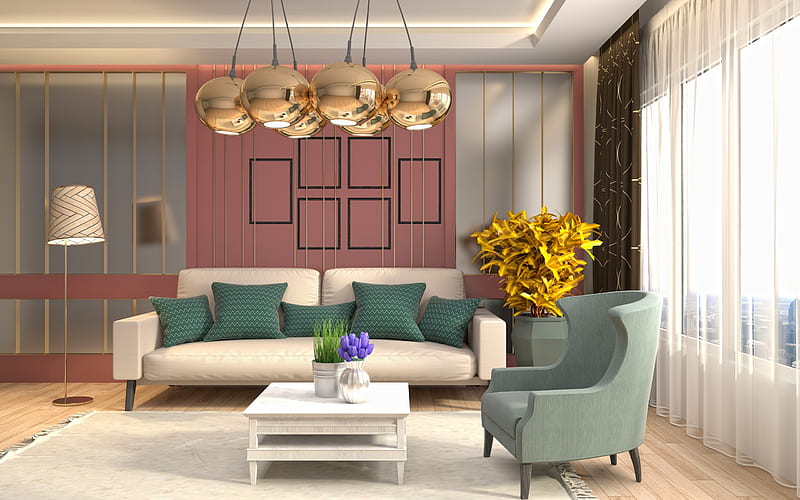 interior of living room, retro style, golden balls of chandelier, modern design interior, project of living room, HD wallpaper
