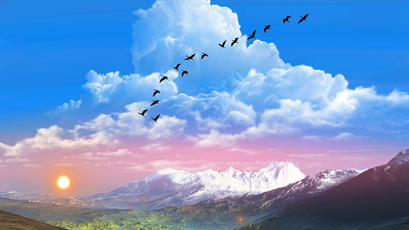 ~*~ Sun Raise At The Montain ~*~, montains, birds, nature, sun raise, sunset, clouds, landscape, HD wallpaper