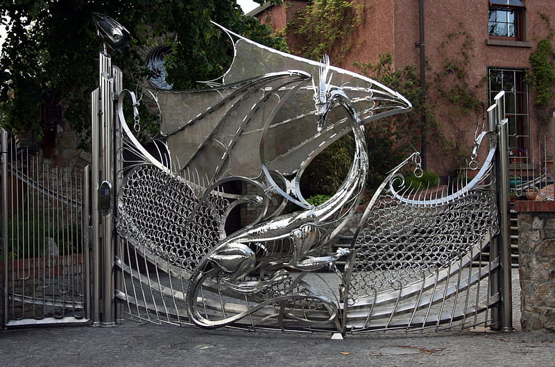 Dragons Gate, fence, gate, metal, pretty, awesome, unique, bonito, dragon, HD wallpaper